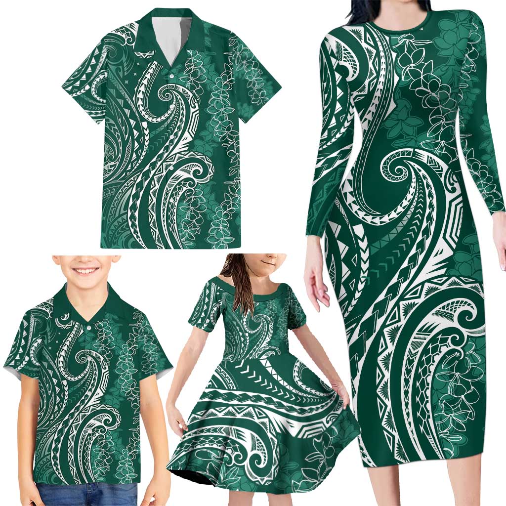 Polynesia Plumeria Lei Family Matching Long Sleeve Bodycon Dress and Hawaiian Shirt Sage Green Curves Motif