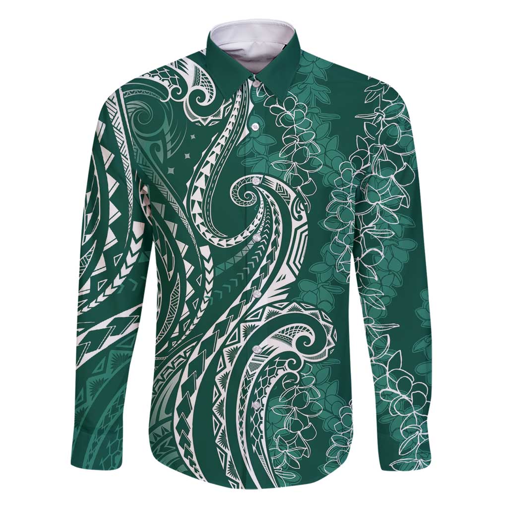 Polynesia Plumeria Lei Family Matching Long Sleeve Bodycon Dress and Hawaiian Shirt Sage Green Curves Motif