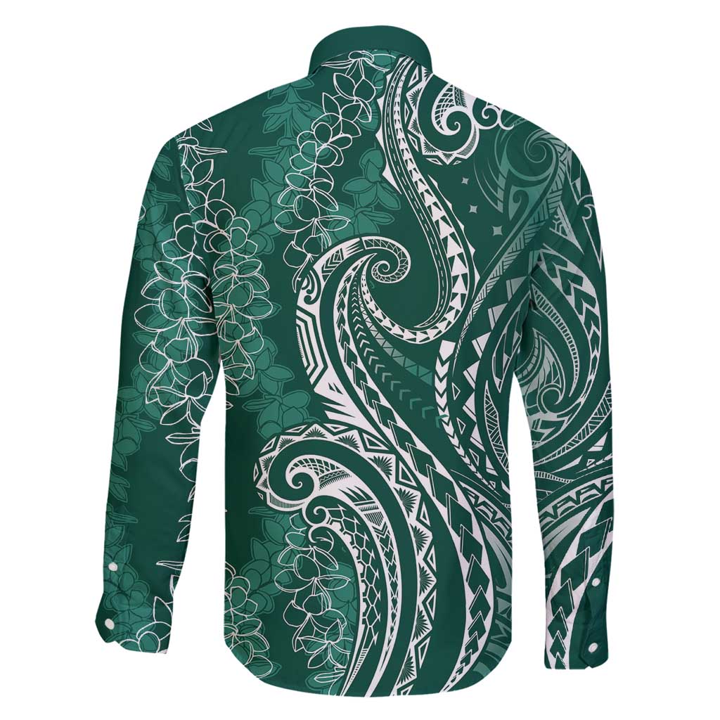 Polynesia Plumeria Lei Family Matching Long Sleeve Bodycon Dress and Hawaiian Shirt Sage Green Curves Motif