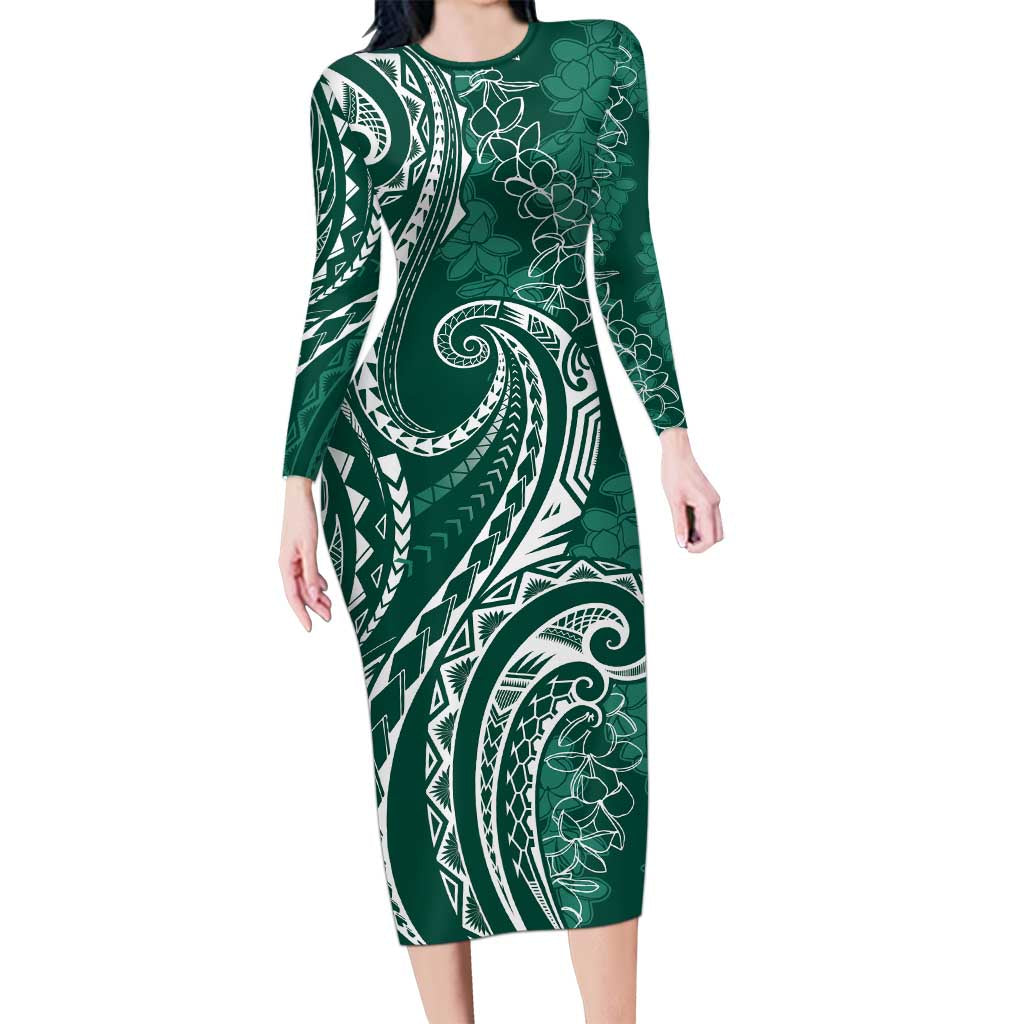 Polynesia Plumeria Lei Family Matching Long Sleeve Bodycon Dress and Hawaiian Shirt Sage Green Curves Motif