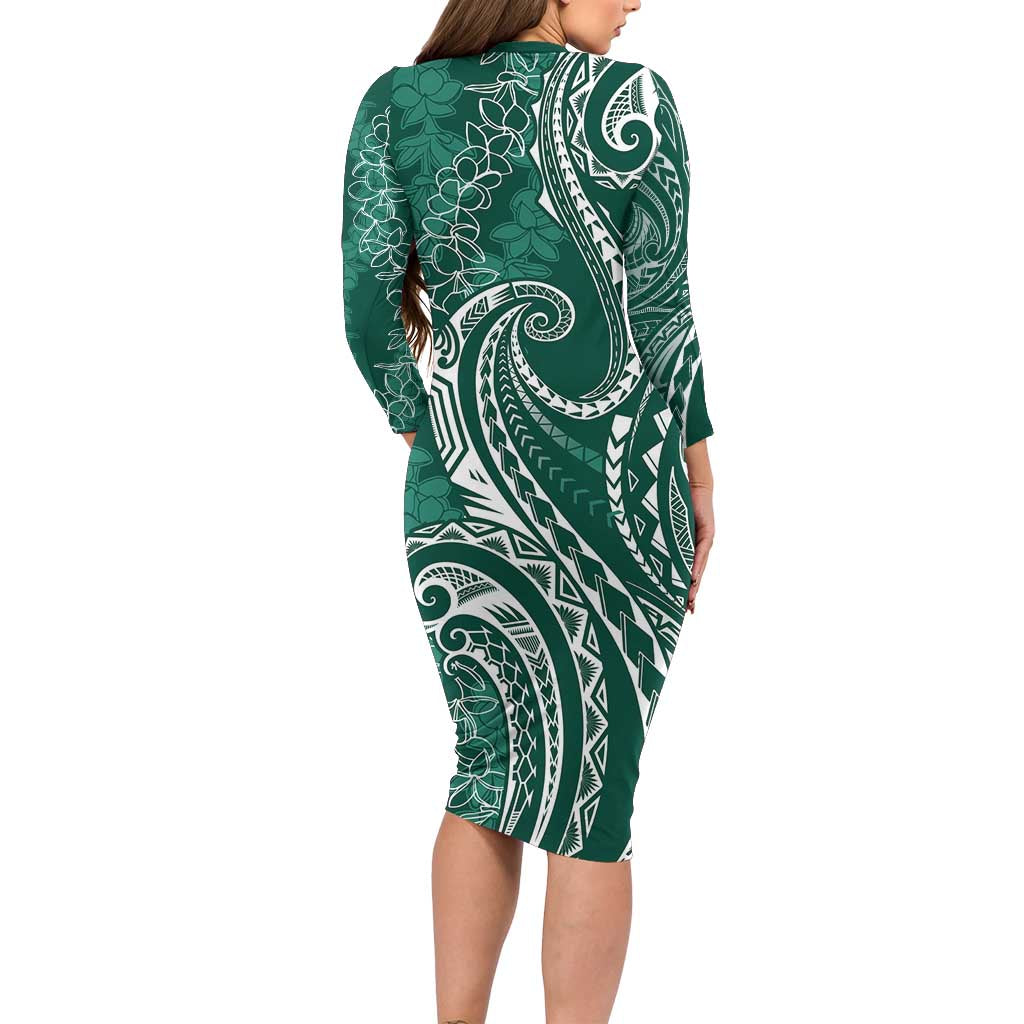 Polynesia Plumeria Lei Family Matching Long Sleeve Bodycon Dress and Hawaiian Shirt Sage Green Curves Motif