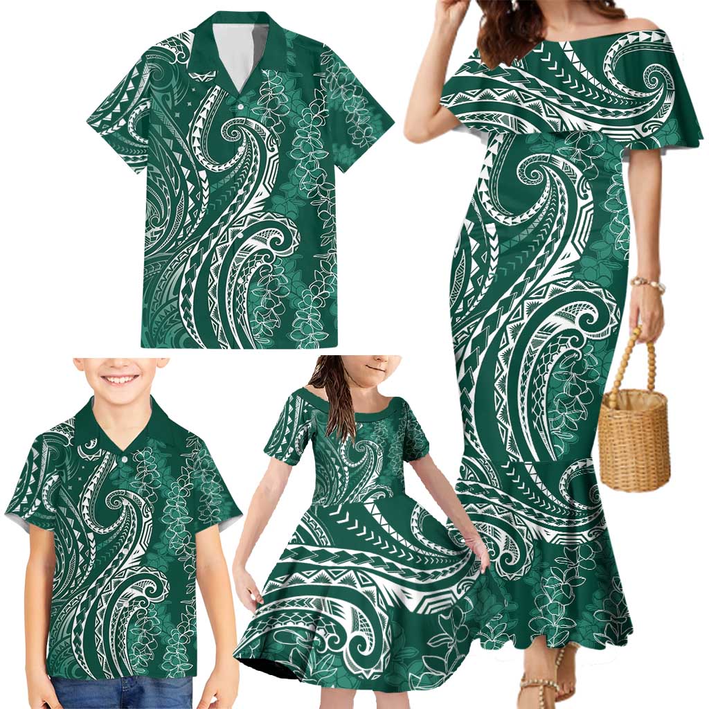 Polynesia Plumeria Lei Family Matching Mermaid Dress and Hawaiian Shirt Sage Green Curves Motif