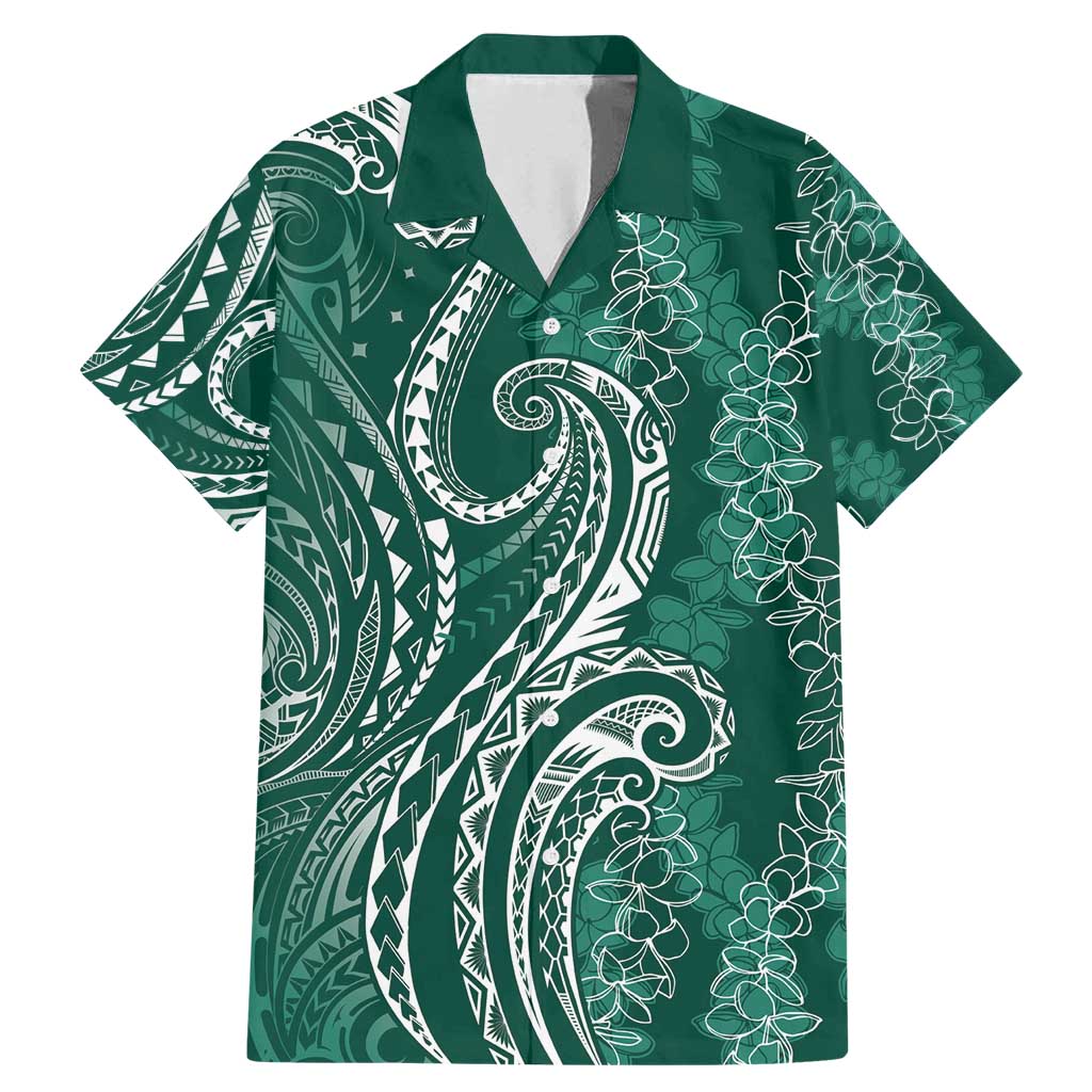 Polynesia Plumeria Lei Family Matching Mermaid Dress and Hawaiian Shirt Sage Green Curves Motif