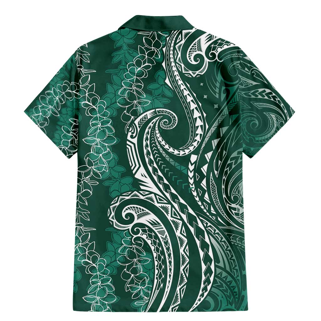 Polynesia Plumeria Lei Family Matching Mermaid Dress and Hawaiian Shirt Sage Green Curves Motif