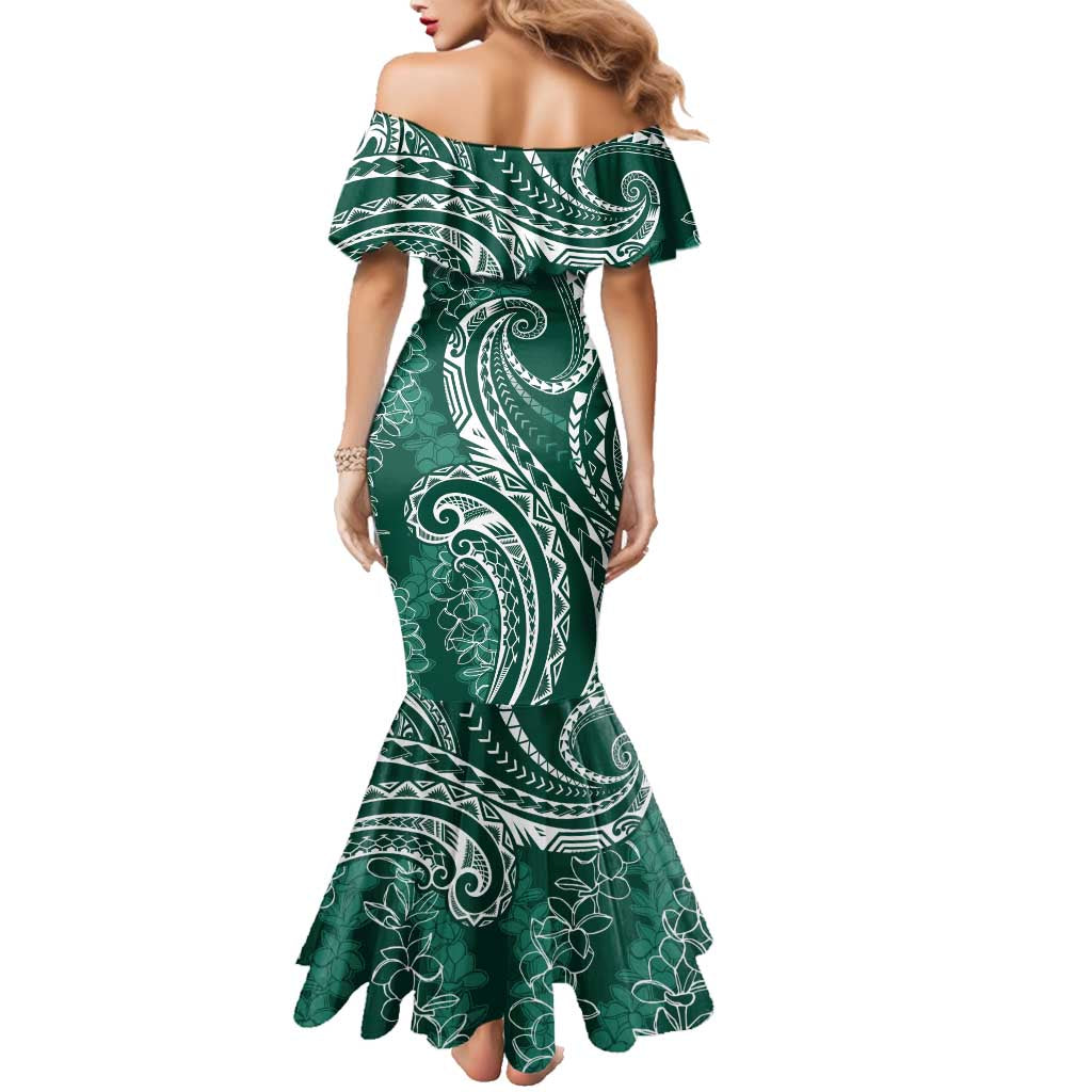 Polynesia Plumeria Lei Family Matching Mermaid Dress and Hawaiian Shirt Sage Green Curves Motif