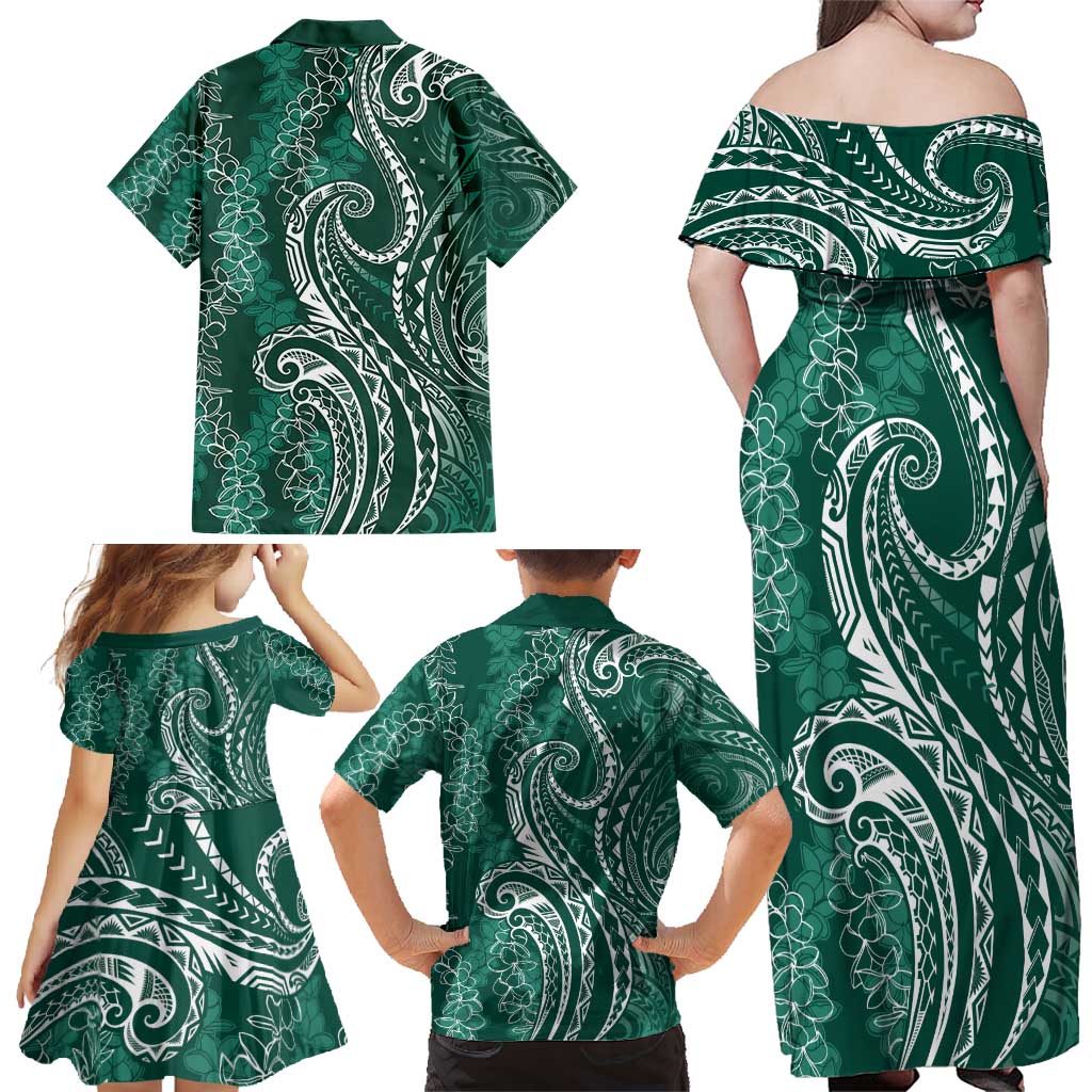 Polynesia Plumeria Lei Family Matching Off Shoulder Maxi Dress and Hawaiian Shirt Sage Green Curves Motif