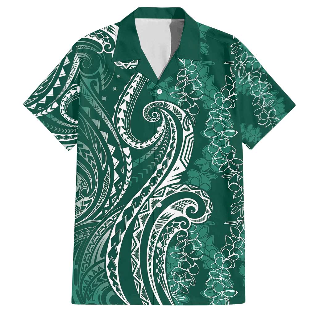 Polynesia Plumeria Lei Family Matching Off Shoulder Short Dress and Hawaiian Shirt Sage Green Curves Motif
