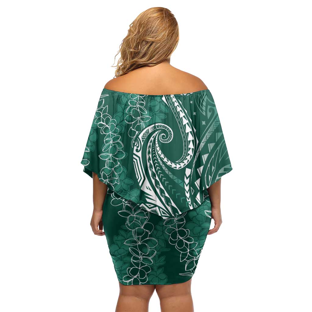 Polynesia Plumeria Lei Family Matching Off Shoulder Short Dress and Hawaiian Shirt Sage Green Curves Motif