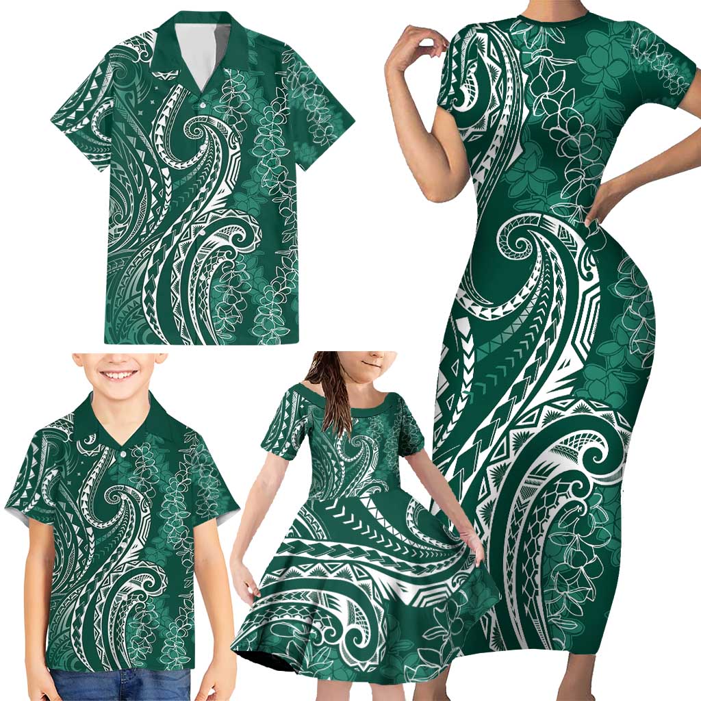 Polynesia Plumeria Lei Family Matching Short Sleeve Bodycon Dress and Hawaiian Shirt Sage Green Curves Motif