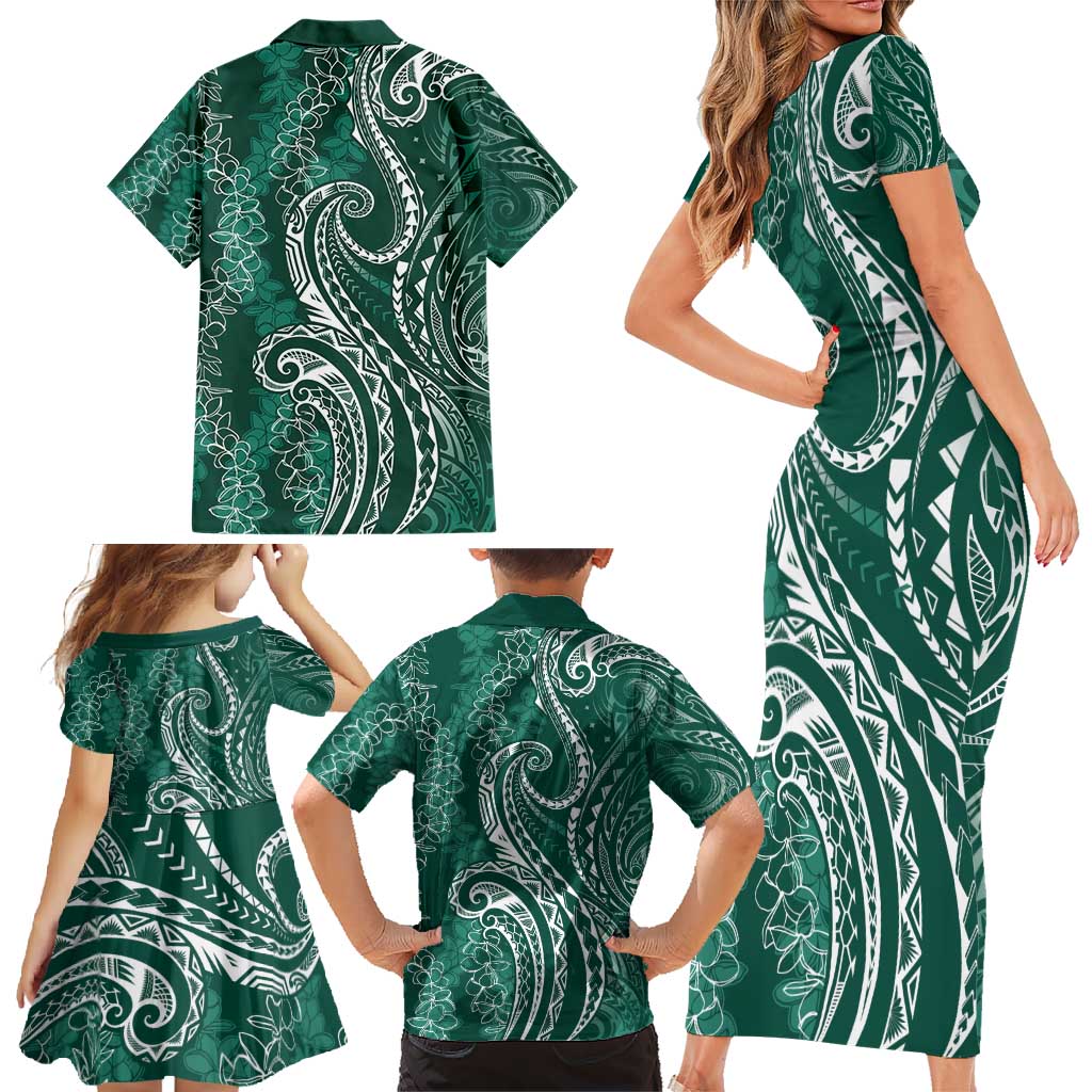 Polynesia Plumeria Lei Family Matching Short Sleeve Bodycon Dress and Hawaiian Shirt Sage Green Curves Motif