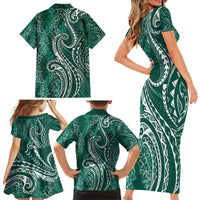 Polynesia Plumeria Lei Family Matching Short Sleeve Bodycon Dress and Hawaiian Shirt Sage Green Curves Motif