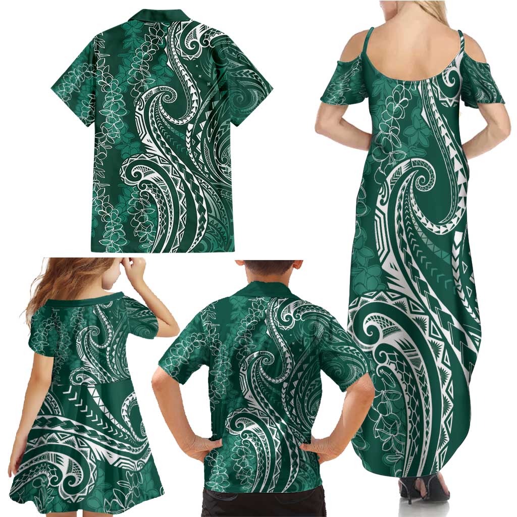 Polynesia Plumeria Lei Family Matching Summer Maxi Dress and Hawaiian Shirt Sage Green Curves Motif