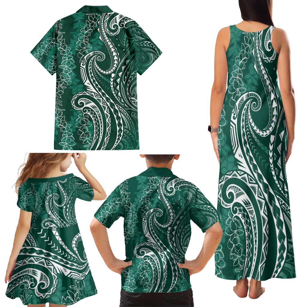Polynesia Plumeria Lei Family Matching Tank Maxi Dress and Hawaiian Shirt Sage Green Curves Motif