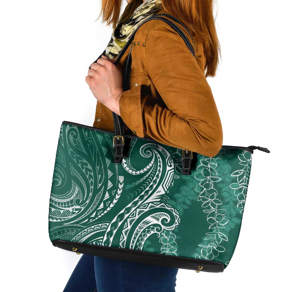 Polynesia Plumeria Lei Leather Tote Bag Sage Green Curves Motif LT7 Dark Green - Polynesian Pride