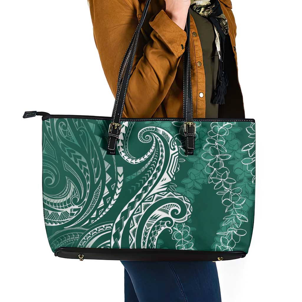 Polynesia Plumeria Lei Leather Tote Bag Sage Green Curves Motif LT7 - Polynesian Pride