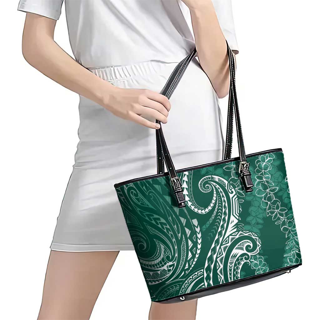 Polynesia Plumeria Lei Leather Tote Bag Sage Green Curves Motif LT7 - Polynesian Pride
