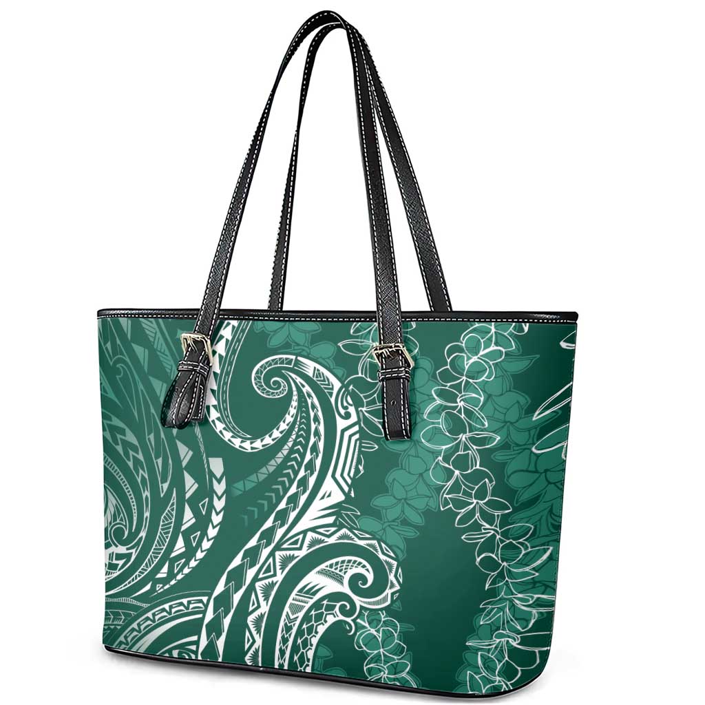 Polynesia Plumeria Lei Leather Tote Bag Sage Green Curves Motif LT7 - Polynesian Pride