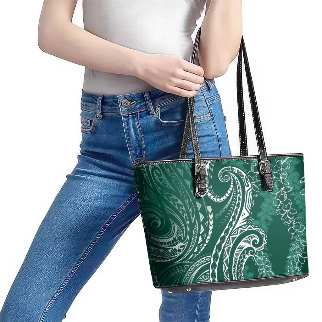 Polynesia Plumeria Lei Leather Tote Bag Sage Green Curves Motif LT7 - Polynesian Pride