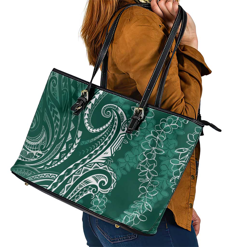 Polynesia Plumeria Lei Leather Tote Bag Sage Green Curves Motif LT7 - Polynesian Pride