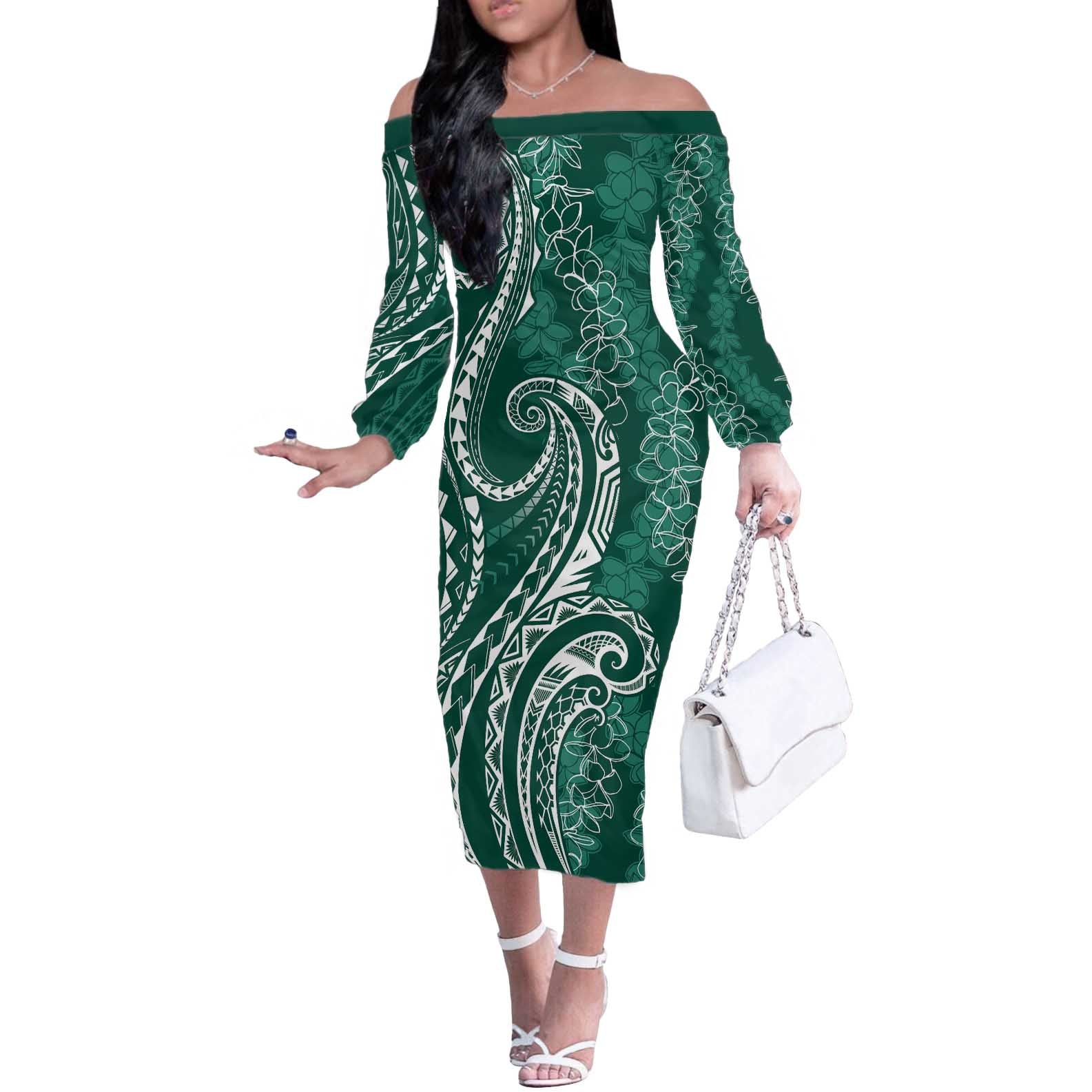 Polynesia Plumeria Lei Off The Shoulder Long Sleeve Dress Sage Green Curves Motif