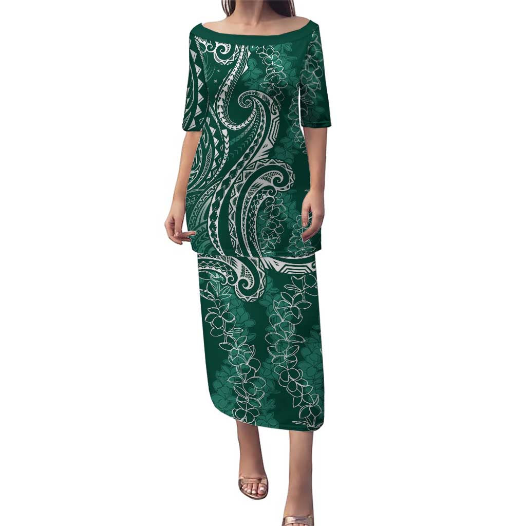 Polynesia Plumeria Lei Puletasi Sage Green Curves Motif LT7 Long Dress Dark Green - Polynesian Pride