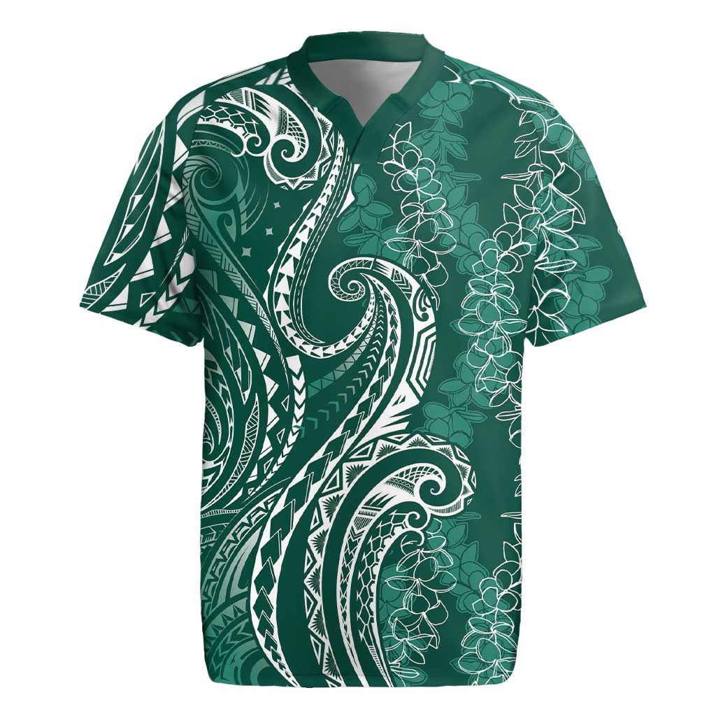 Polynesia Plumeria Lei Rugby Jersey Sage Green Curves Motif