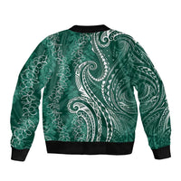 Polynesia Plumeria Lei Sleeve Zip Bomber Jacket Sage Green Curves Motif