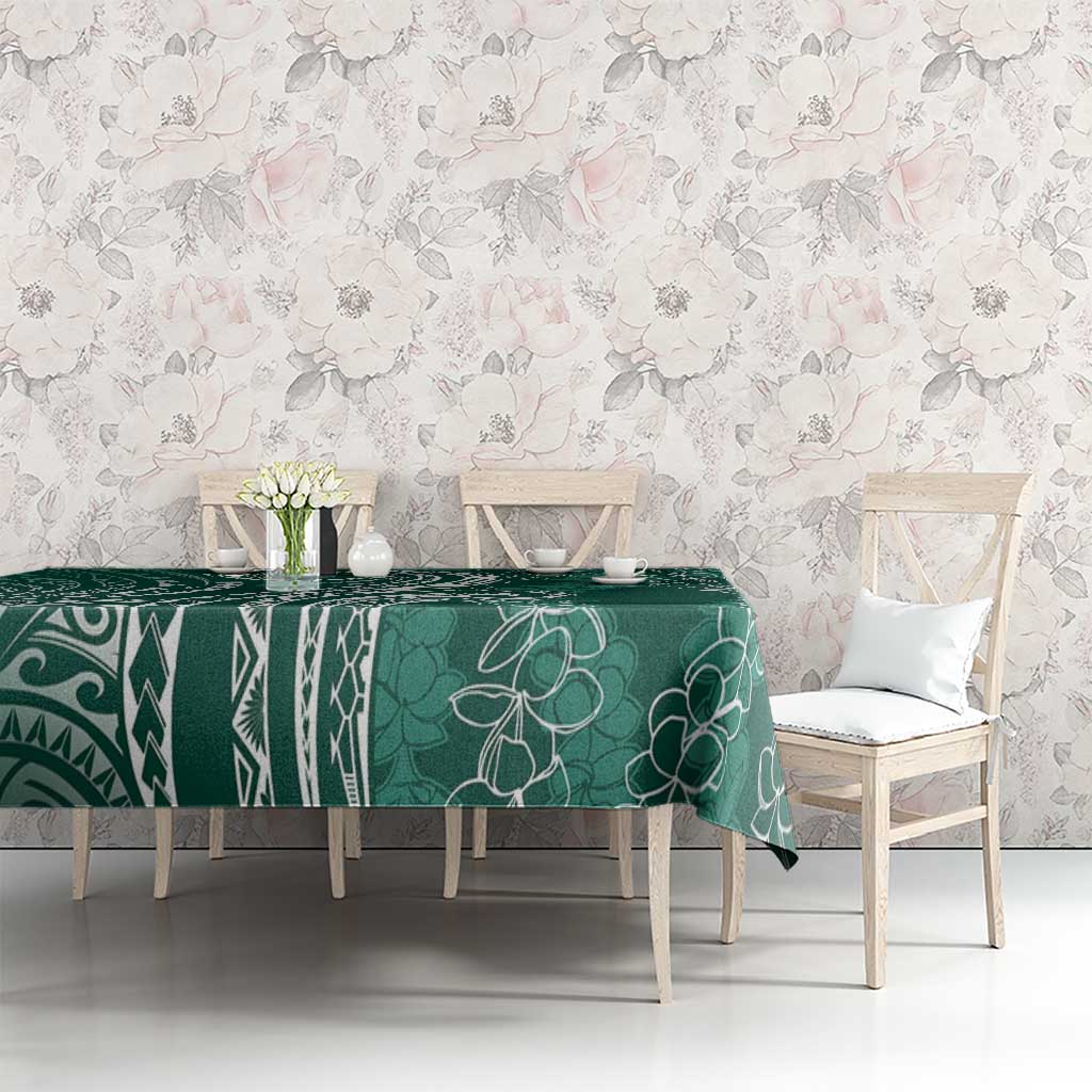 Polynesia Plumeria Lei Tablecloth Sage Green Curves Motif