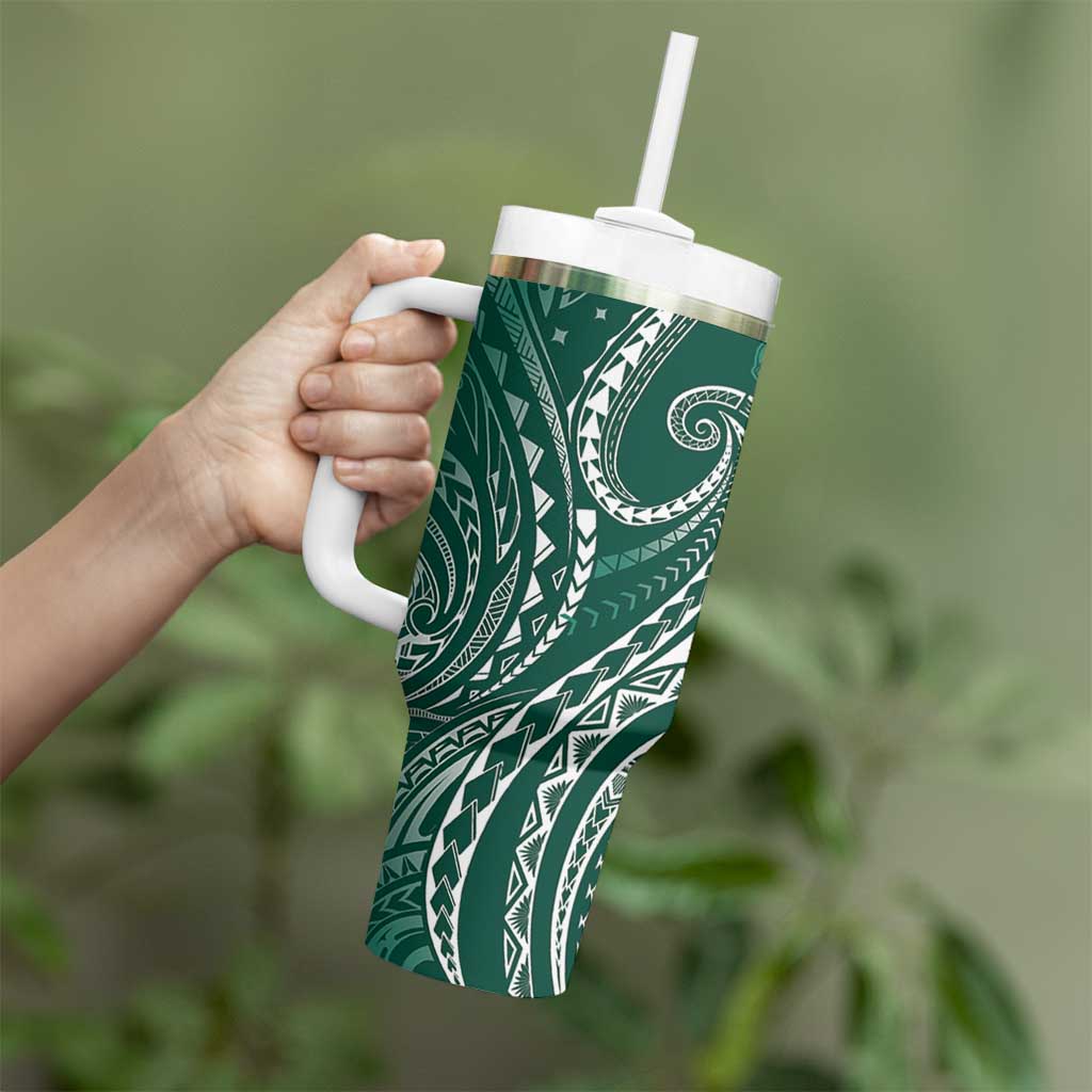 Polynesia Plumeria Lei Tumbler With Handle Sage Green Curves Motif