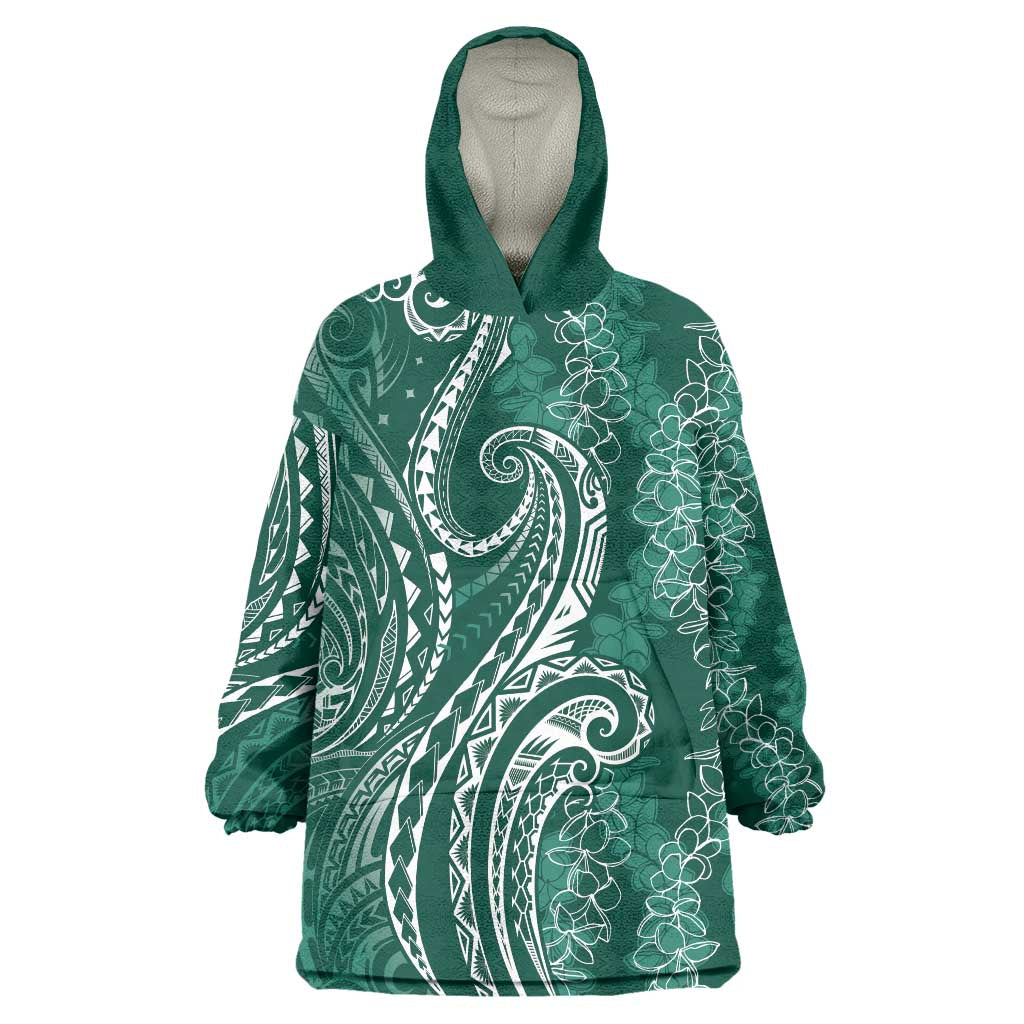 Polynesia Plumeria Lei Wearable Blanket Hoodie Sage Green Curves Motif
