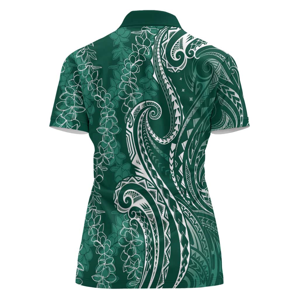 Polynesia Plumeria Lei Women Polo Shirt Sage Green Curves Motif