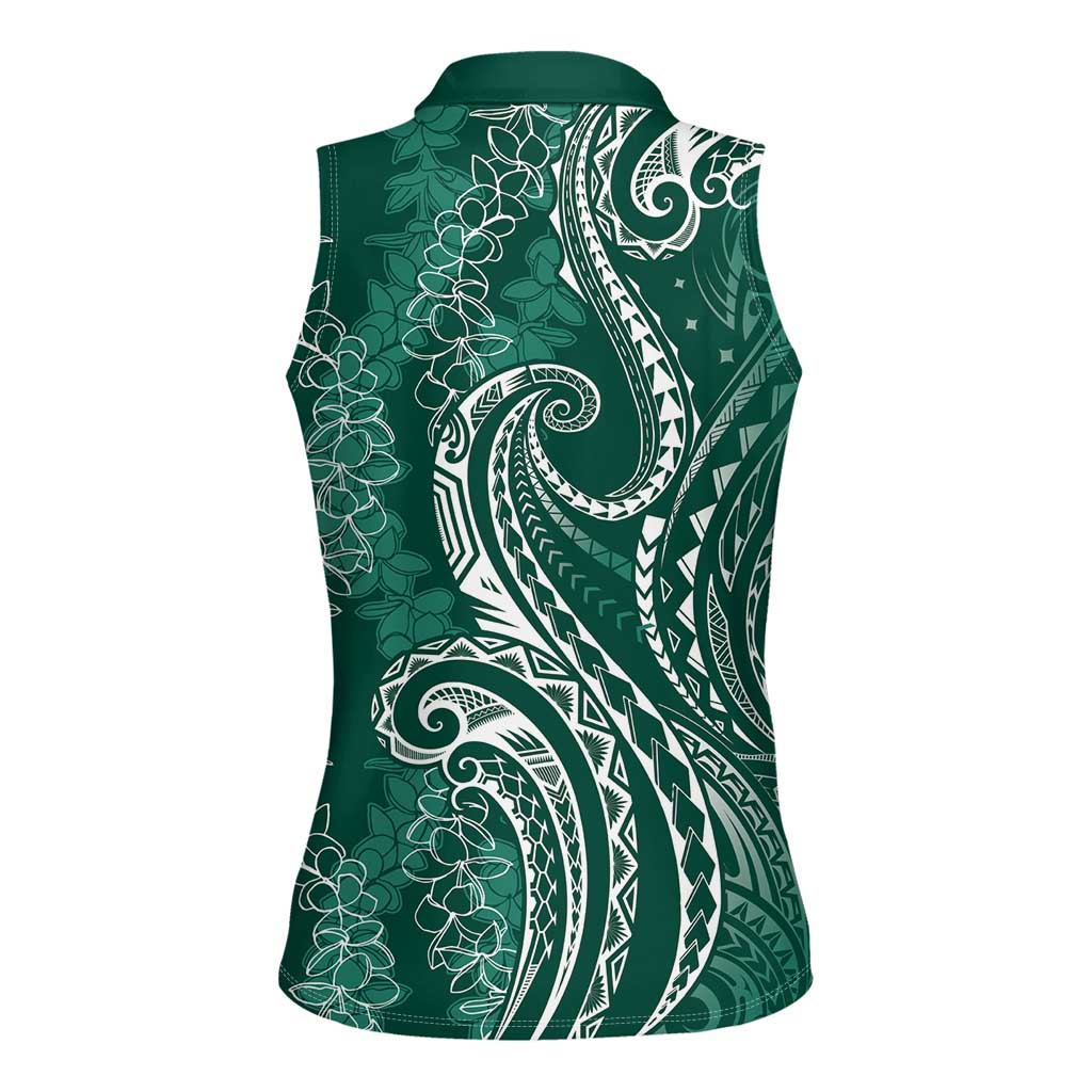 Polynesia Plumeria Lei Women Sleeveless Polo Shirt Sage Green Curves Motif LT7 - Polynesian Pride
