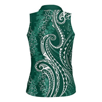 Polynesia Plumeria Lei Women Sleeveless Polo Shirt Sage Green Curves Motif LT7 - Polynesian Pride