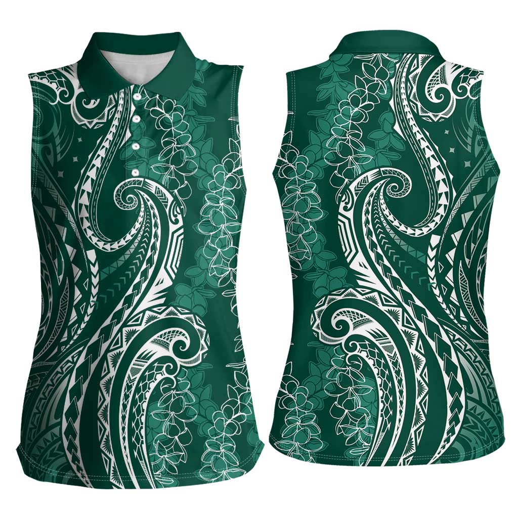 Polynesia Plumeria Lei Women Sleeveless Polo Shirt Sage Green Curves Motif LT7 - Polynesian Pride