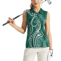 Polynesia Plumeria Lei Women Sleeveless Polo Shirt Sage Green Curves Motif LT7 - Polynesian Pride