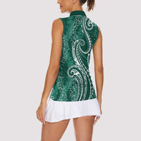 Polynesia Plumeria Lei Women Sleeveless Polo Shirt Sage Green Curves Motif LT7 - Polynesian Pride