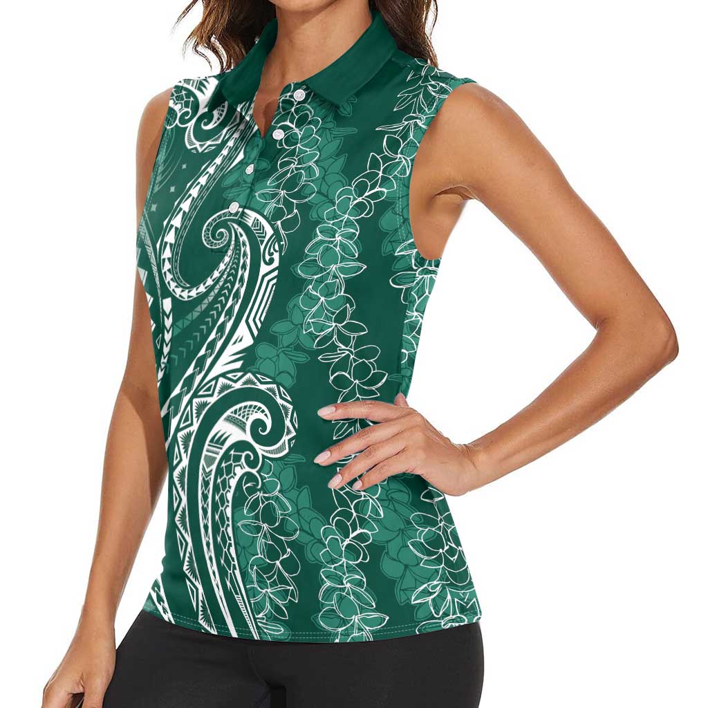 Polynesia Plumeria Lei Women Sleeveless Polo Shirt Sage Green Curves Motif LT7 - Polynesian Pride