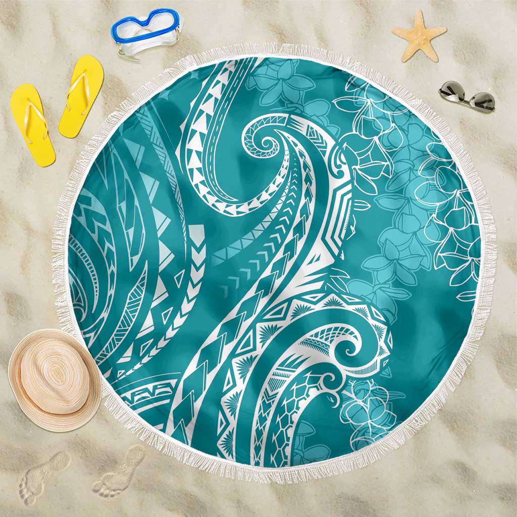 Polynesia Plumeria Lei Beach Blanket Teal Curves Motif