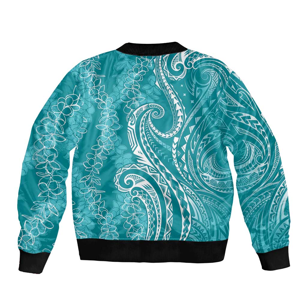 Polynesia Plumeria Lei Bomber Jacket Teal Curves Motif LT7 - Polynesian Pride