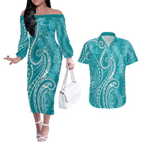 Polynesia Plumeria Lei Couples Matching Off The Shoulder Long Sleeve Dress and Hawaiian Shirt Teal Curves Motif