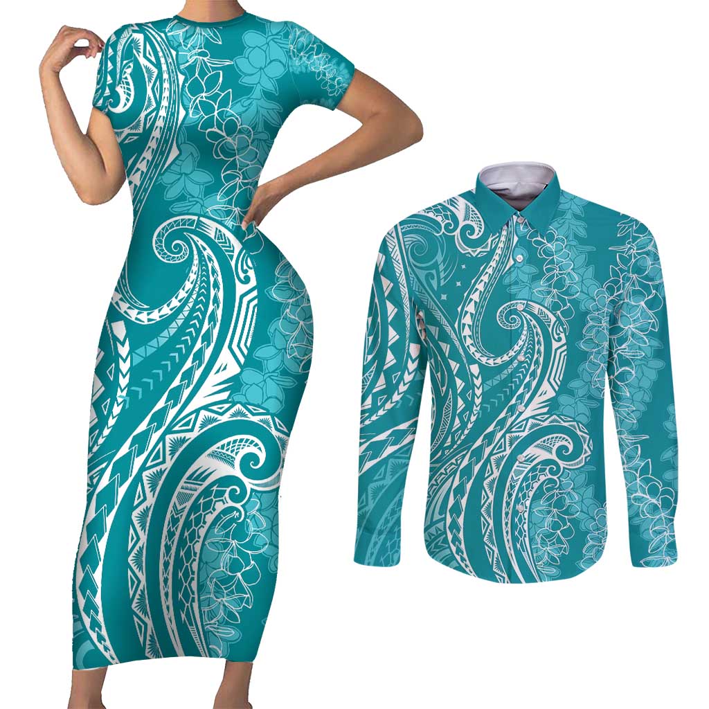 Polynesia Plumeria Lei Couples Matching Short Sleeve Bodycon Dress and Long Sleeve Button Shirt Teal Curves Motif