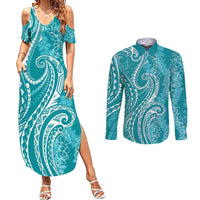 Polynesia Plumeria Lei Couples Matching Summer Maxi Dress and Long Sleeve Button Shirt Teal Curves Motif