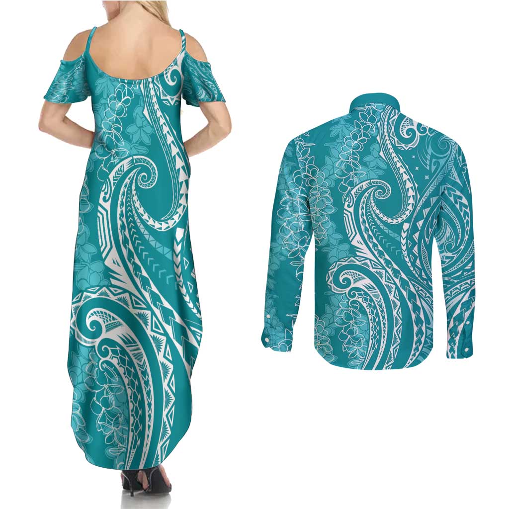 Polynesia Plumeria Lei Couples Matching Summer Maxi Dress and Long Sleeve Button Shirt Teal Curves Motif