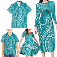 Polynesia Plumeria Lei Family Matching Long Sleeve Bodycon Dress and Hawaiian Shirt Teal Curves Motif
