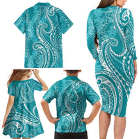 Polynesia Plumeria Lei Family Matching Long Sleeve Bodycon Dress and Hawaiian Shirt Teal Curves Motif