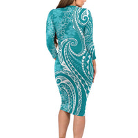 Polynesia Plumeria Lei Family Matching Long Sleeve Bodycon Dress and Hawaiian Shirt Teal Curves Motif