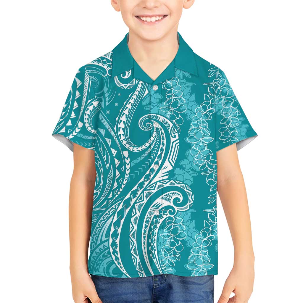 Polynesia Plumeria Lei Family Matching Long Sleeve Bodycon Dress and Hawaiian Shirt Teal Curves Motif