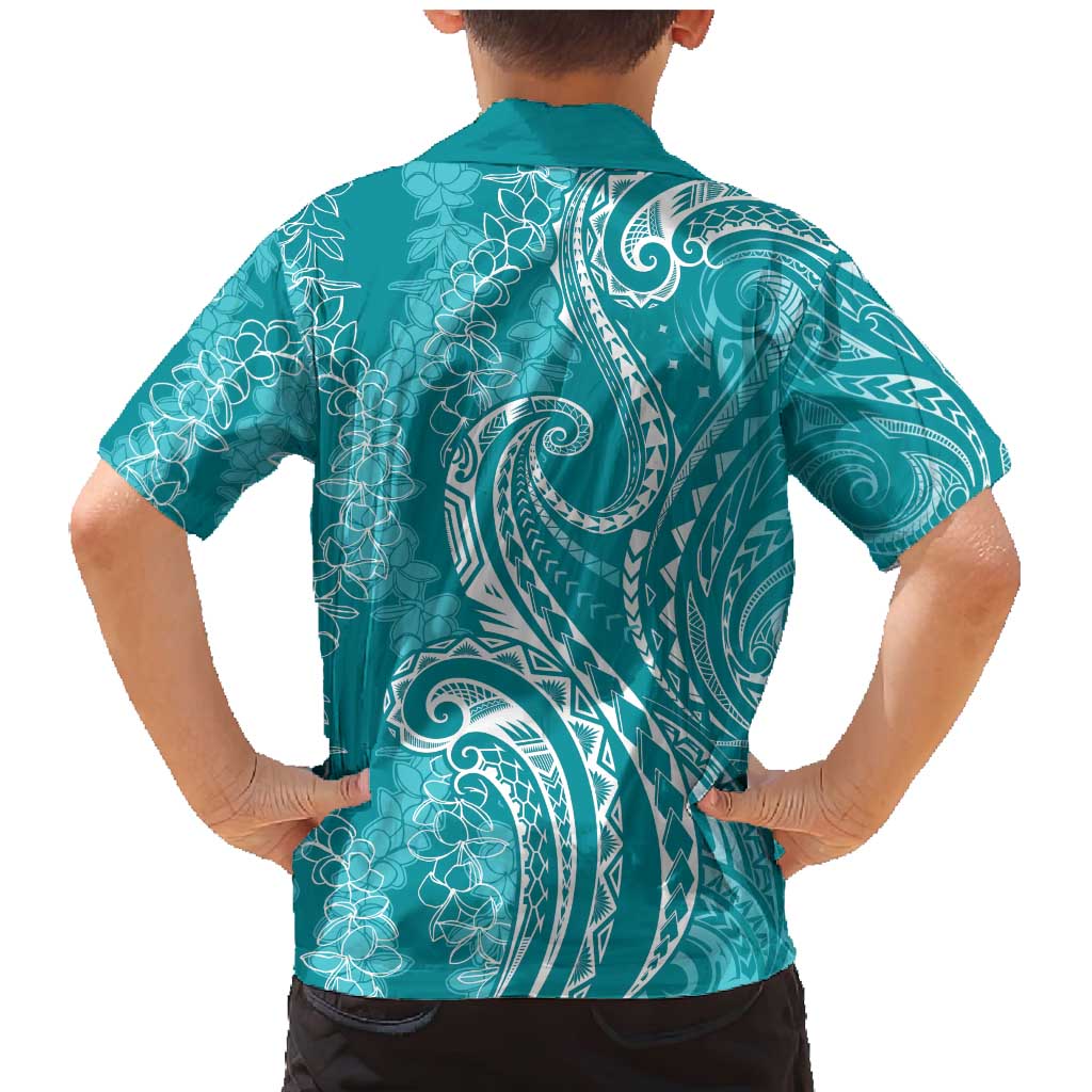 Polynesia Plumeria Lei Family Matching Mermaid Dress and Hawaiian Shirt Teal Curves Motif