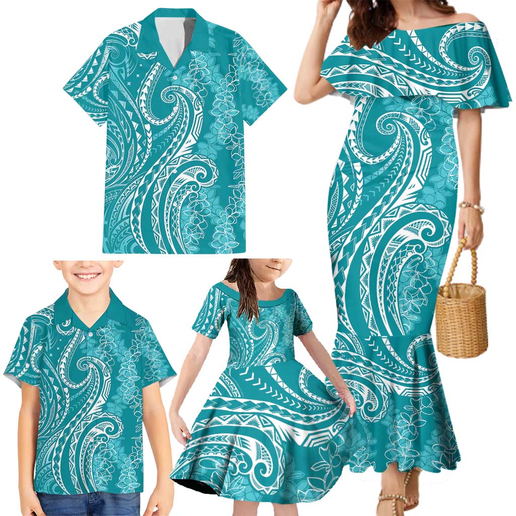 Polynesia Plumeria Lei Family Matching Mermaid Dress and Hawaiian Shirt Teal Curves Motif