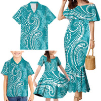 Polynesia Plumeria Lei Family Matching Mermaid Dress and Hawaiian Shirt Teal Curves Motif